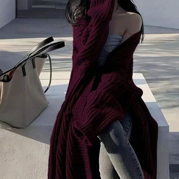 Burgundy Casual Women's Open Front Loose Knit Cardigan - Picture 2 of 4